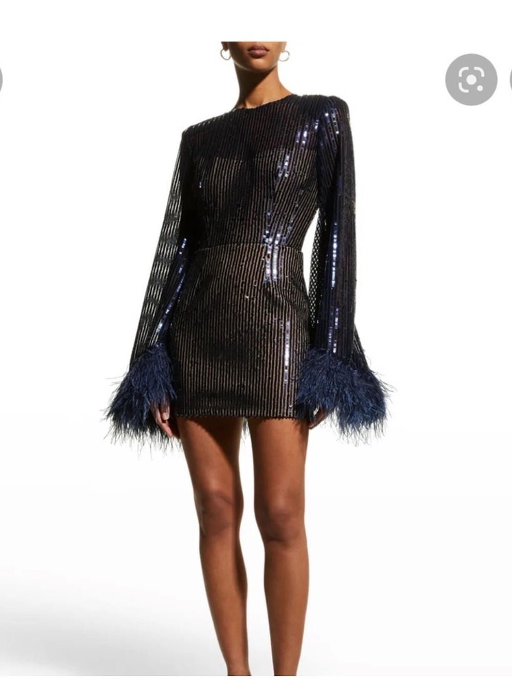 Bronx and Banco Navy Sequin Feather Cuff Mini Dress